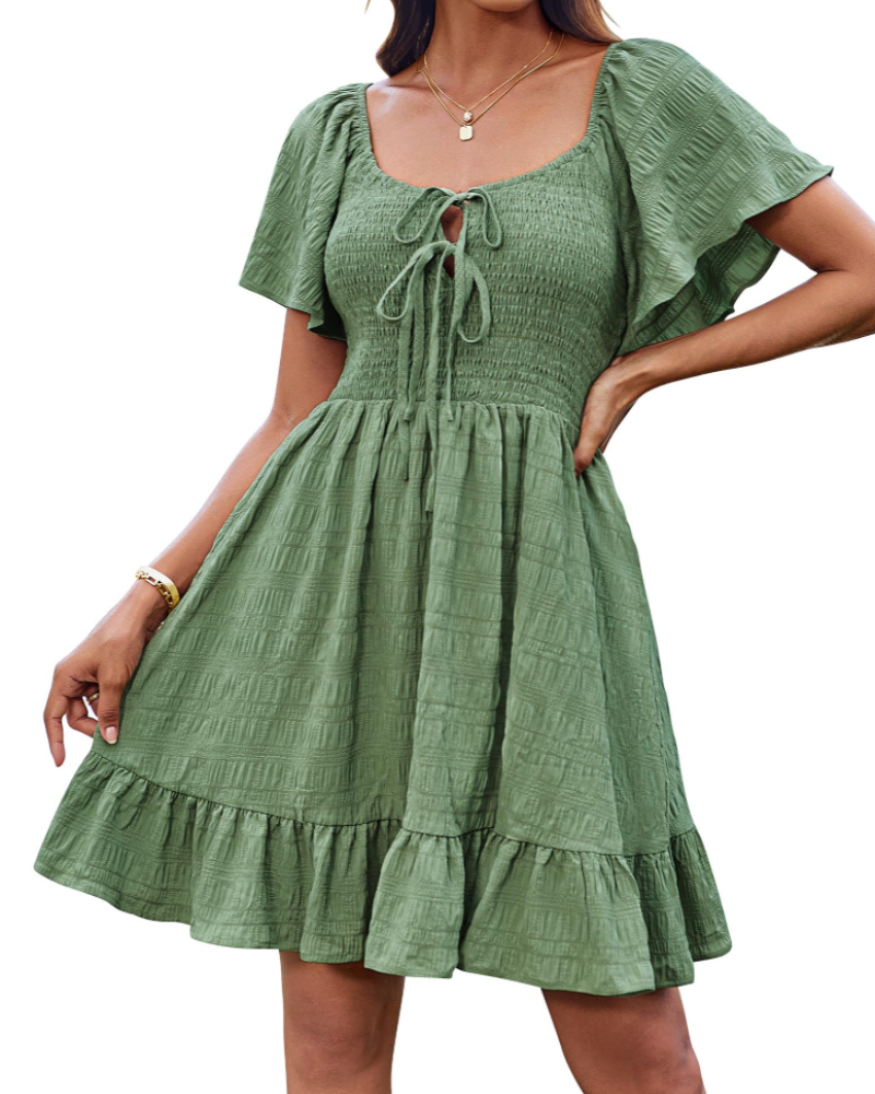 Claire Abito Donna – Vestito A-Line con Maniche a Volant, Scollo Bardot & Fiocco