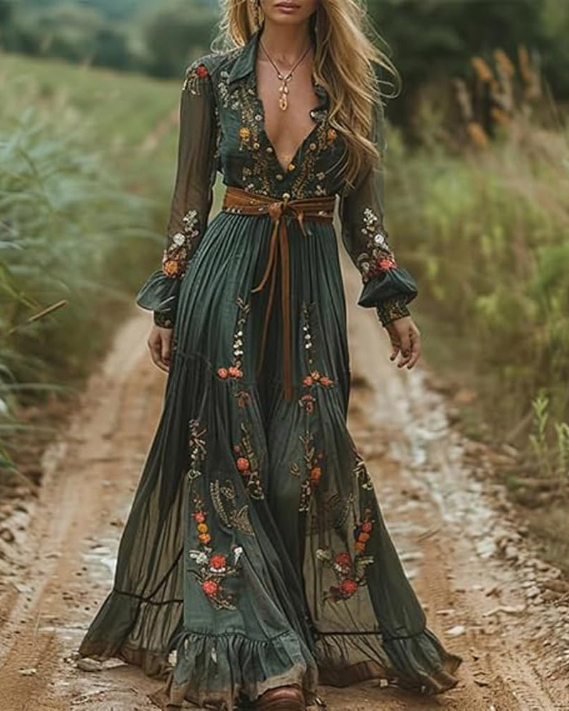 Annalise Damen Maxi-Kleid – A-Linien-Chiffonkleid mit V-Ausschnitt und Gürtel