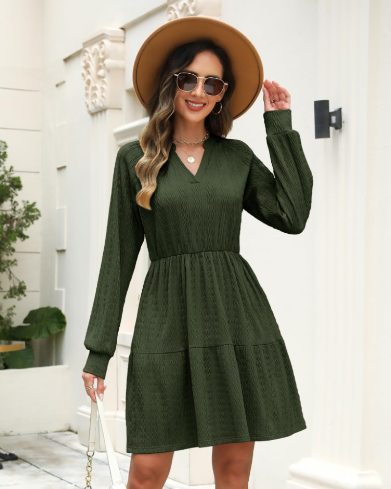 Hazel Women's Dress – Midi A-Line Dress with V-Neck, Pockets & Elastic Waist