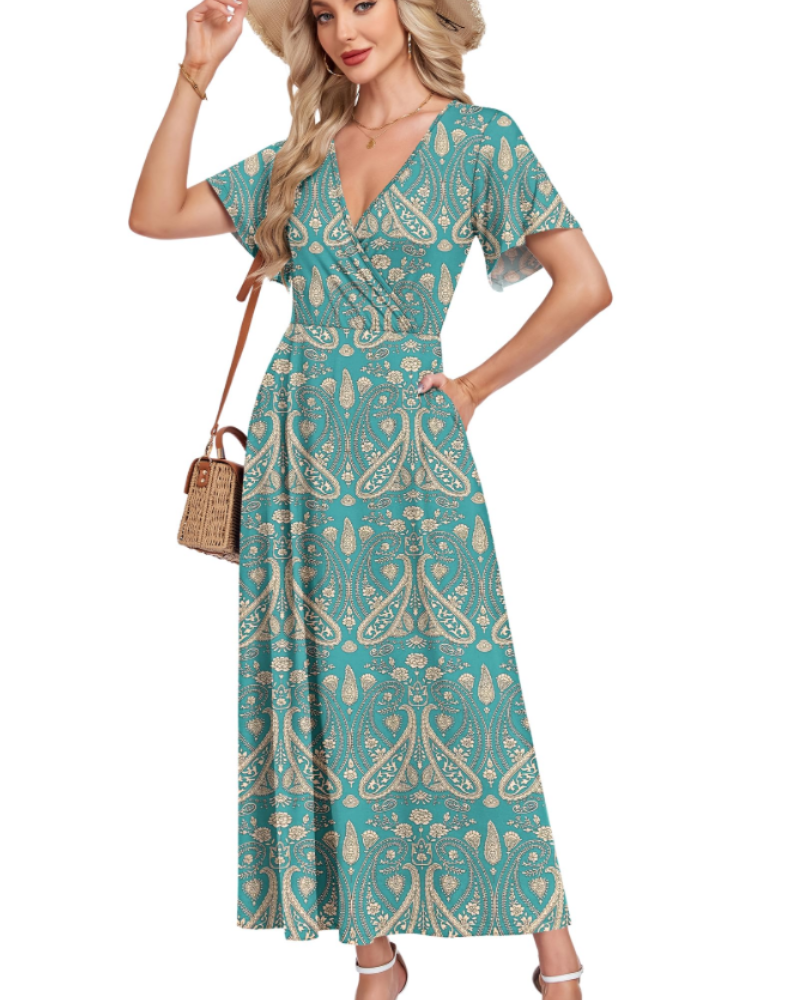 Audrey Women's Dress – Printed Maxi Dress with V-Neck, Short Sleeves & Flowing Silhouette