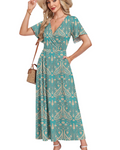 Audrey Women's Dress – Printed Maxi Dress with V-Neck, Short Sleeves & Flowing Silhouette