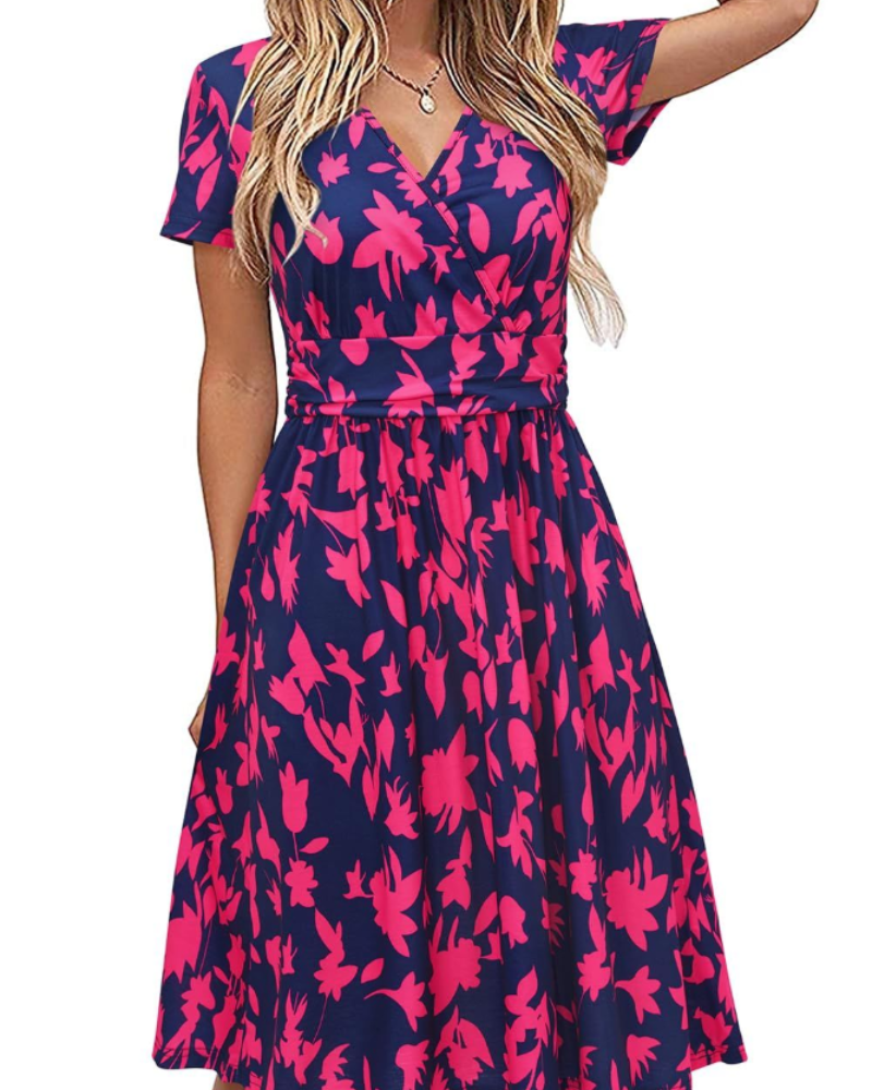 Luna Women's Midi Dress – V-Neck, Empire Waist, Pockets & A-Line