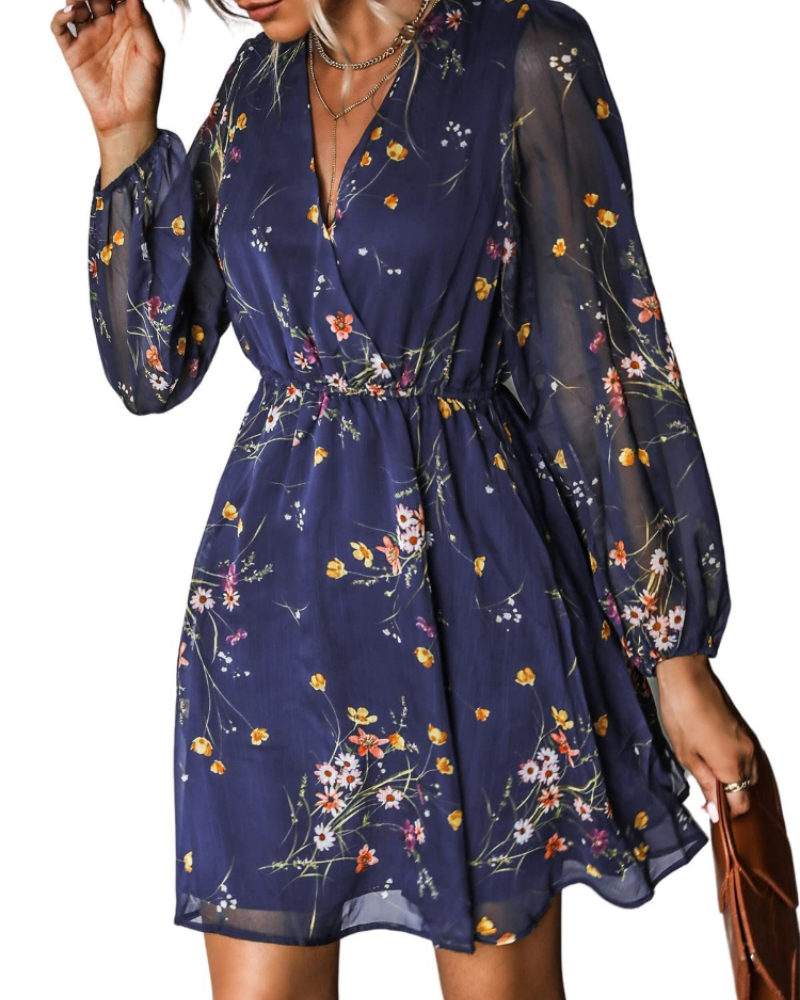 Serena Φόρεμα Γυναικείο Mini – Chiffon, V Λαιμόκοψη, Διαφανή Μανίκια & Ελαστική Μέση