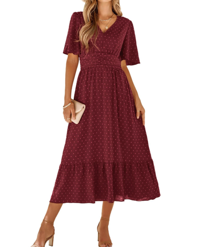 Robe longue pour femme Aubrey – Col en V, manches volantées et imprimé Swiss Dot