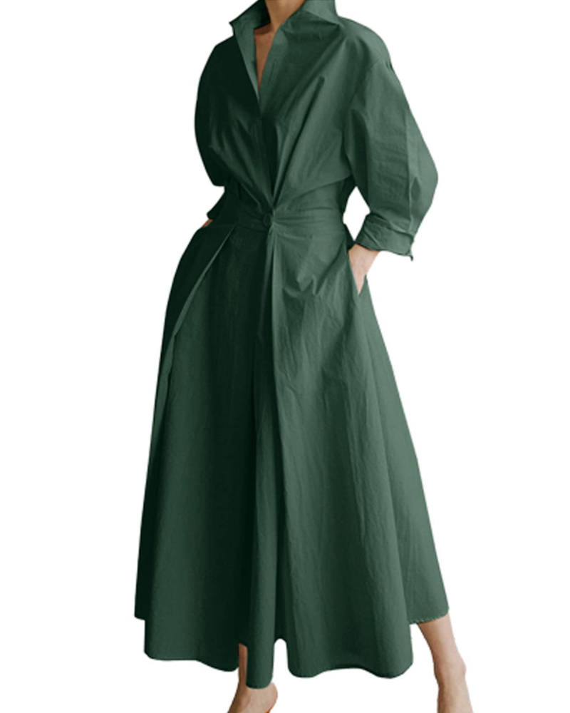 Penelope Women's Dress – Maxi Shirt Dress with Buttons, Collar, Pockets & Elastic Waist