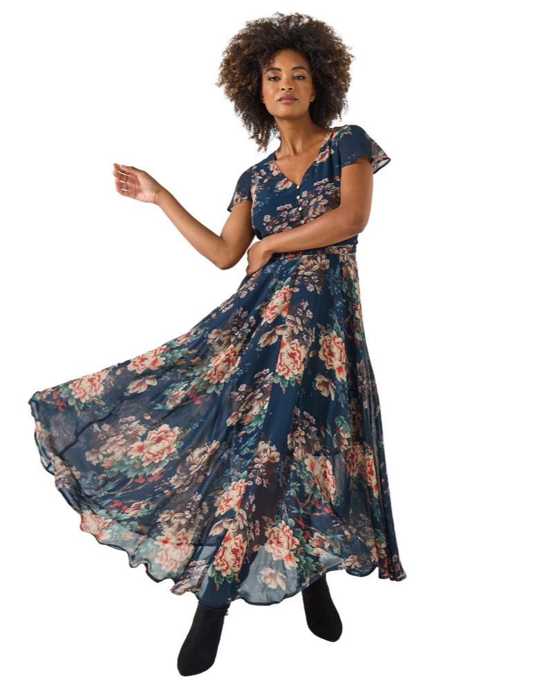 Elena Abito Donna – Vestito Floreale in Georgette con Scollo a V, Cintura & Orlo Asimmetrico