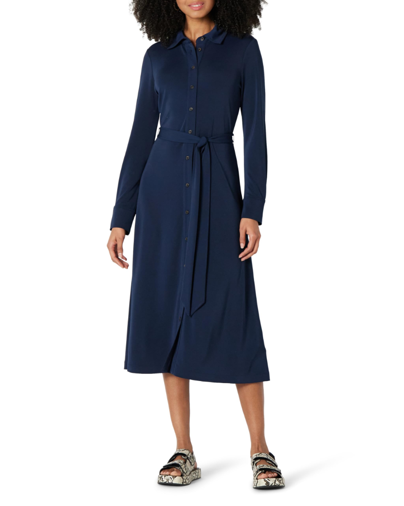 Madison Abito Donna – Vestito Chemisier Midi con Cintura, Maniche Lunghe & Colletto Classico