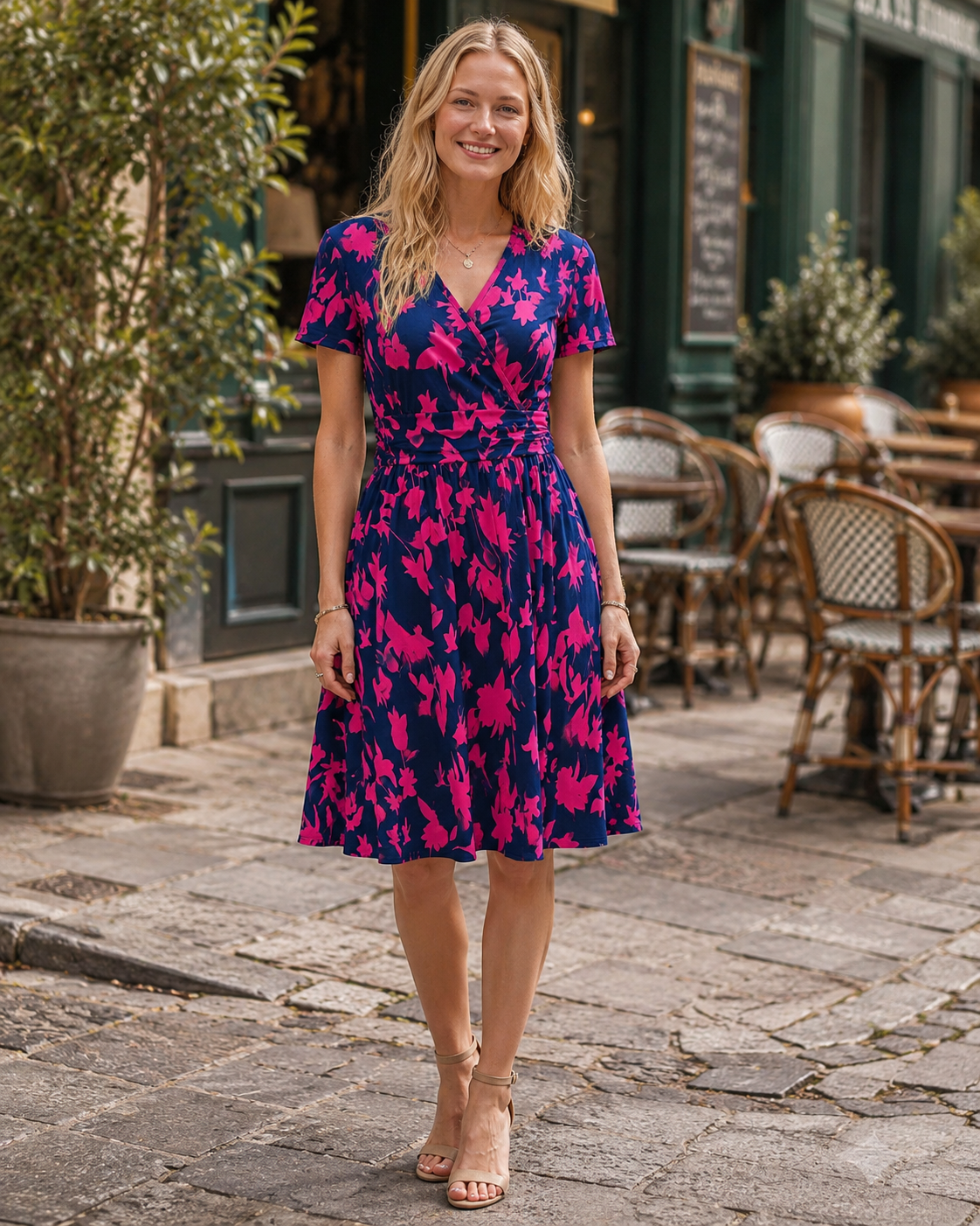Luna Women's Midi Dress – V-Neck, Empire Waist, Pockets & A-Line
