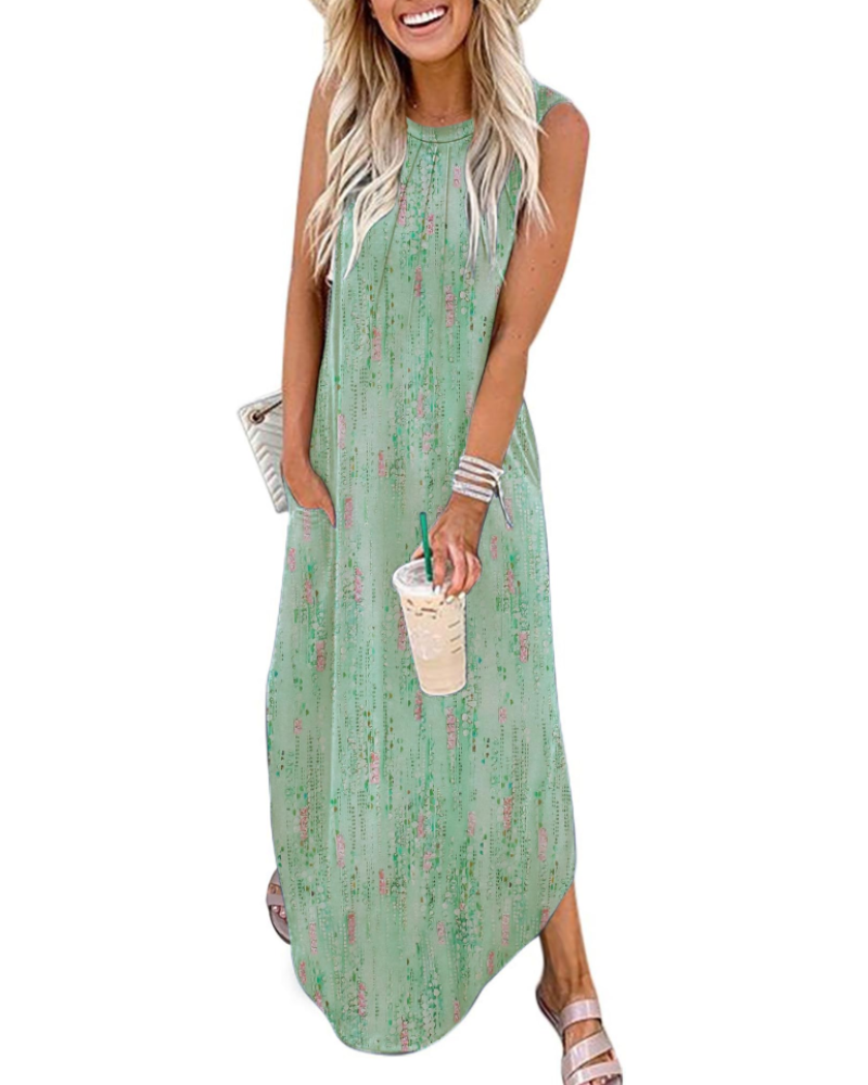 Phoebe Maxikleid für Damen – ärmelloses Boho-Kleid mit Falten, Schlitz und Taschen