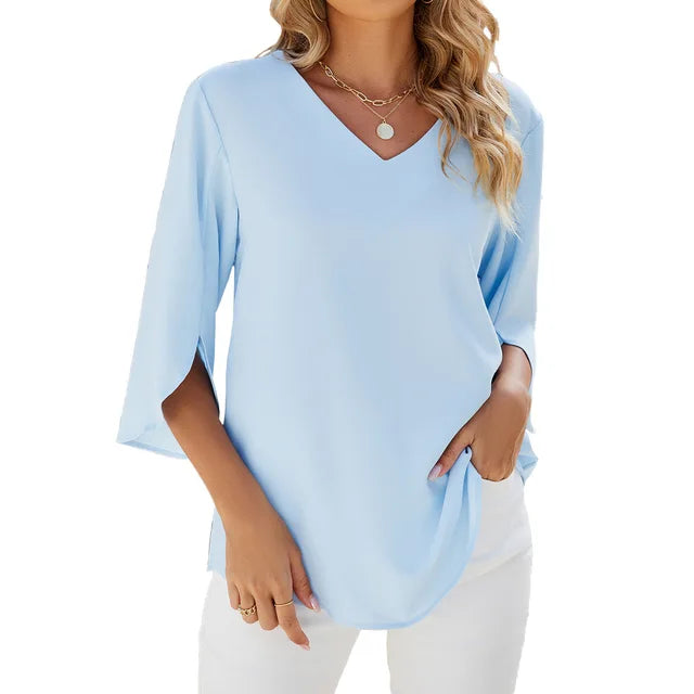 Annabella Blusa Mujer Elegante – Escote en V, Mangas Acampanadas, Ligera Casual Chic