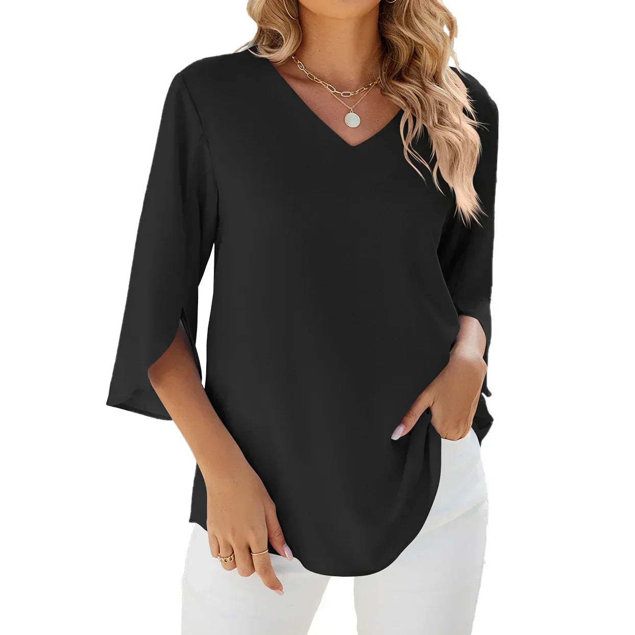Annabella Blusa Mujer Elegante – Escote en V, Mangas Acampanadas, Ligera Casual Chic