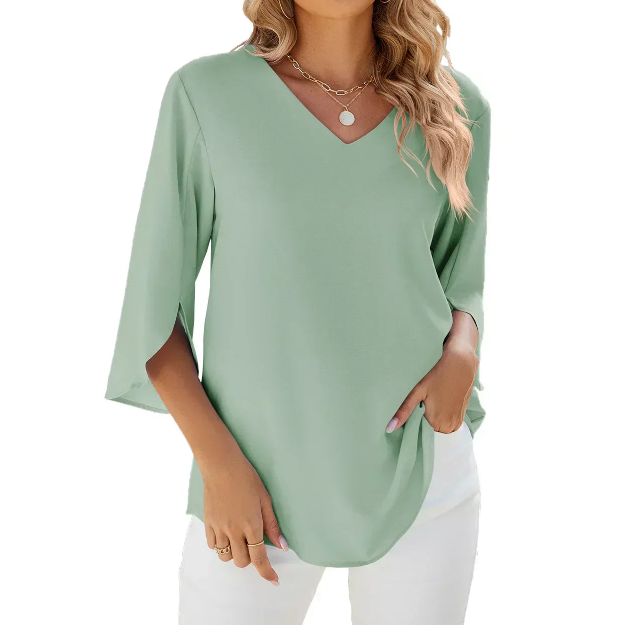 Annabella Blusa Mujer Elegante – Escote en V, Mangas Acampanadas, Ligera Casual Chic