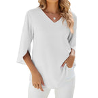 Annabella Blusa Mujer Elegante – Escote en V, Mangas Acampanadas, Ligera Casual Chic