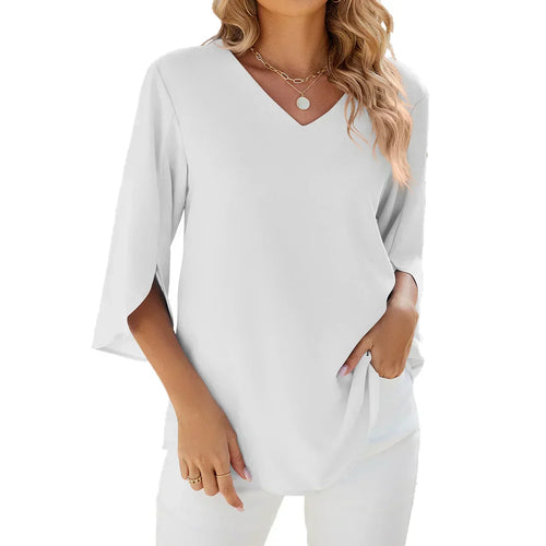 Annabella Blusa Mujer Elegante – Escote en V, Mangas Acampanadas, Ligera Casual Chic