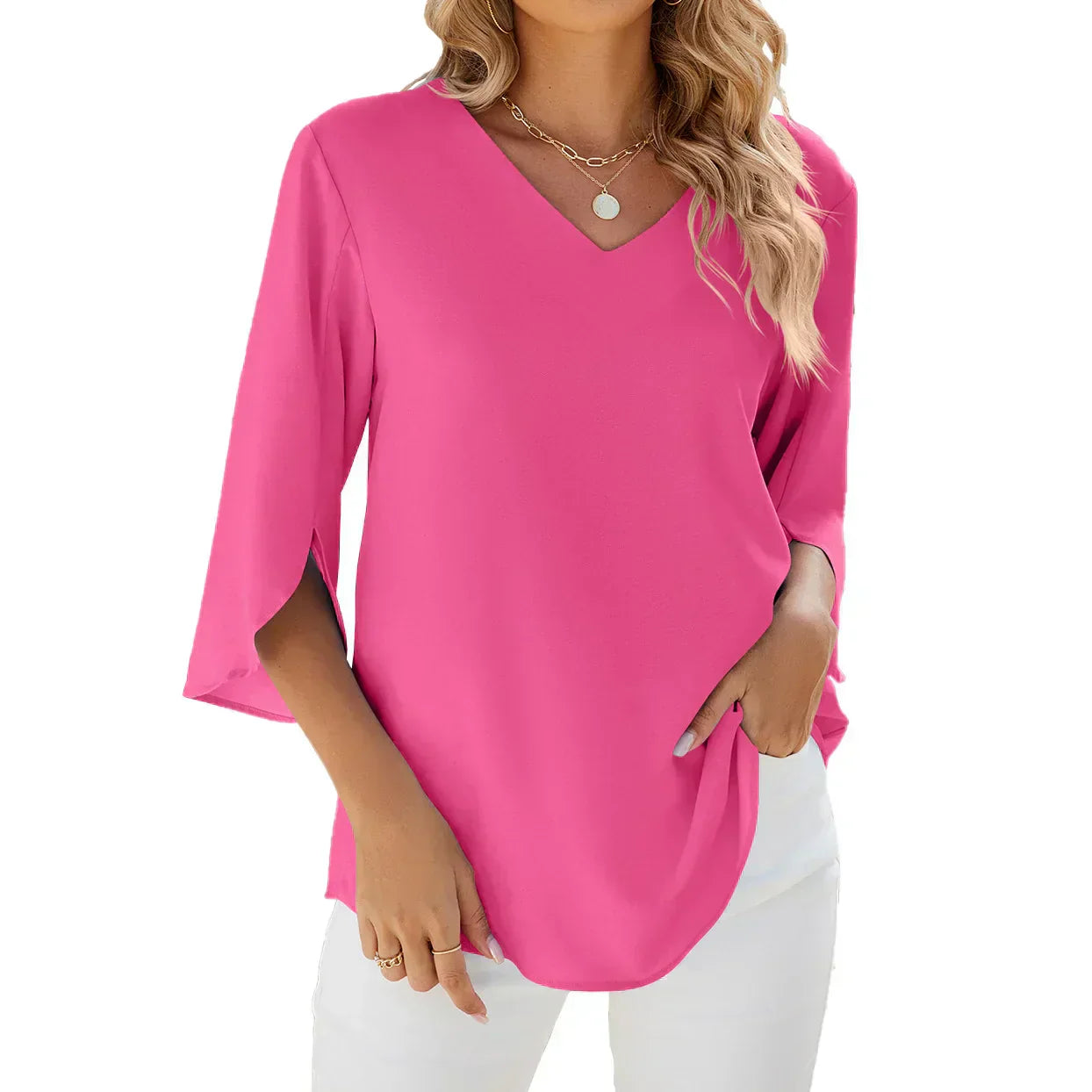 Annabella Blusa Mujer Elegante – Escote en V, Mangas Acampanadas, Ligera Casual Chic