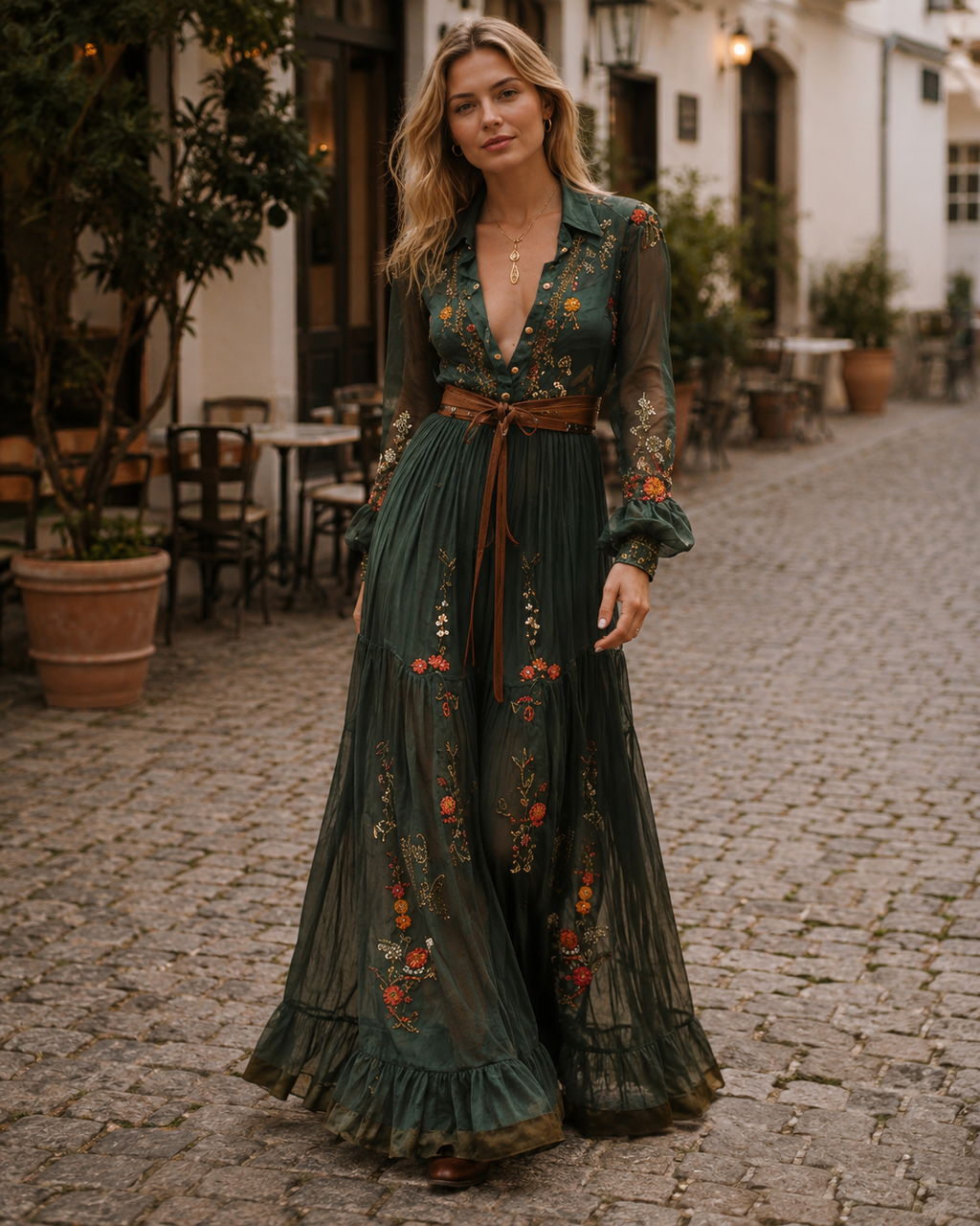 Annalise Damen Maxi-Kleid – A-Linien-Chiffonkleid mit V-Ausschnitt und Gürtel