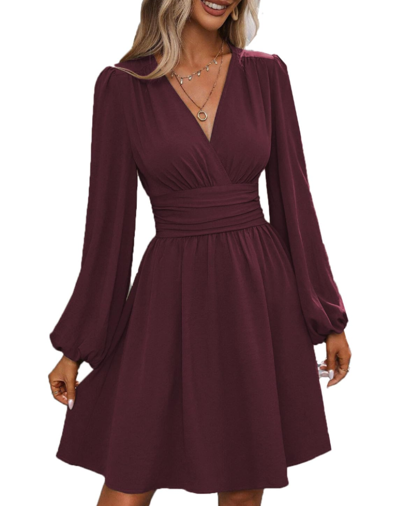 Rebecca Abito Midi Donna – Vestito Portafoglio con Scollo a V, Vita Alta e Maniche Lunghe