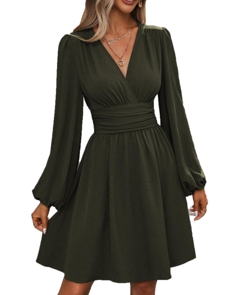 Rebecca Abito Midi Donna – Vestito Portafoglio con Scollo a V, Vita Alta e Maniche Lunghe