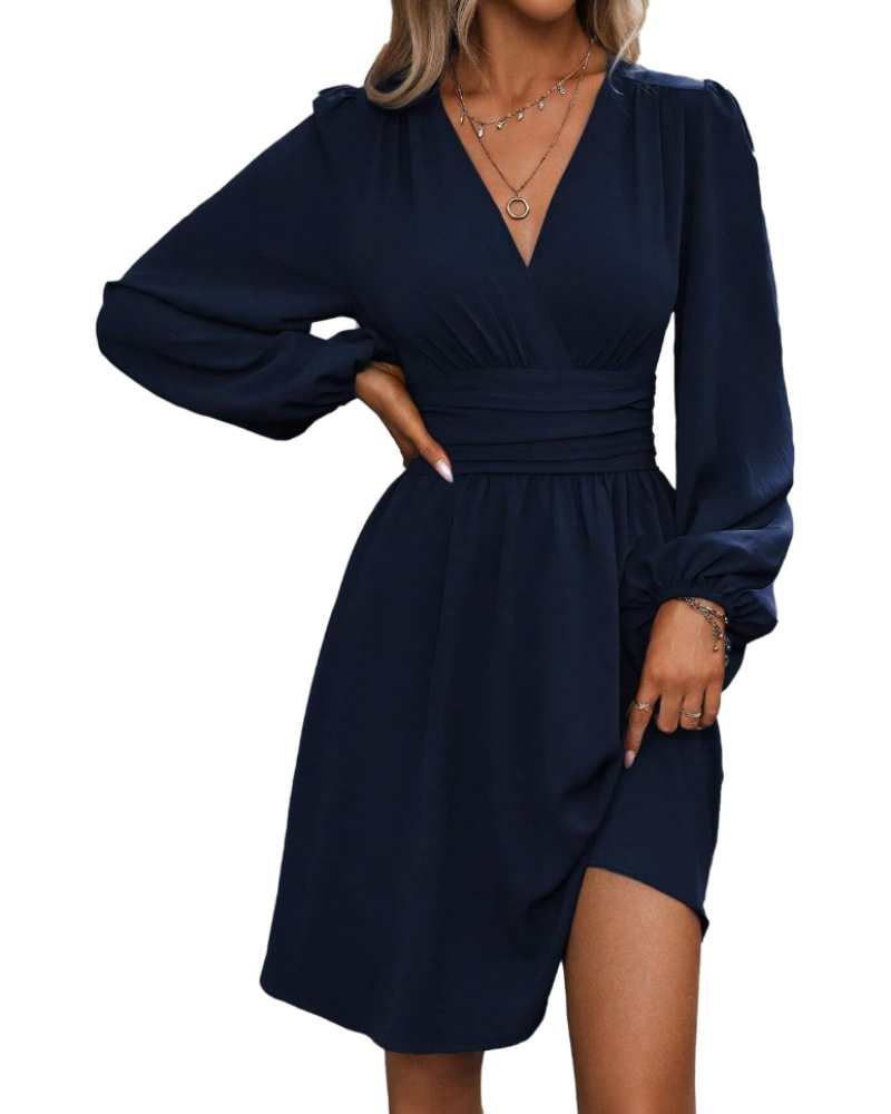 Rebecca Abito Midi Donna – Vestito Portafoglio con Scollo a V, Vita Alta e Maniche Lunghe