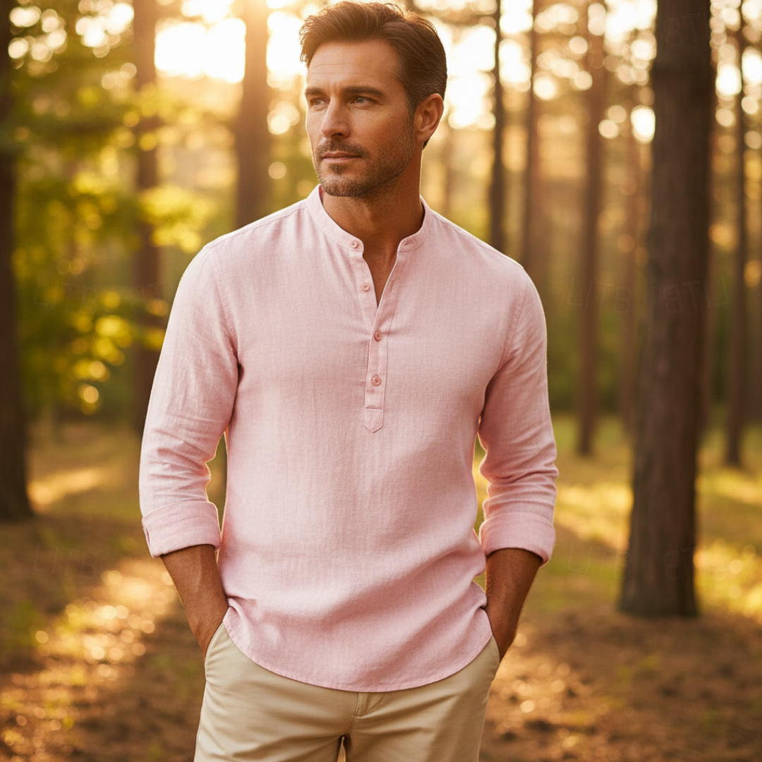 Mateo Camisa Hombre Henley Lino – Camisa Ligera Transpirable Manga Larga Casual