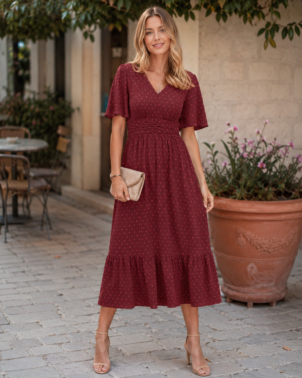 Robe longue pour femme Aubrey – Col en V, manches volantées et imprimé Swiss Dot