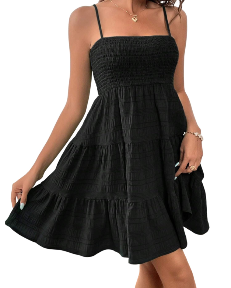 Avery Vestido mini para mujer – Tirantes finos, cintura fruncida y falda acampanada