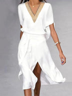 Mariselle Robe Midi Femme – Décolleté en V Élégant, Design Minimaliste & Tissu Respirant
