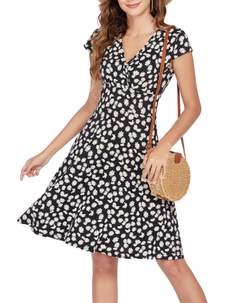 Lenora Abito Donna Elegante – Scollo a V, Maniche Corte e Gonna ad A
