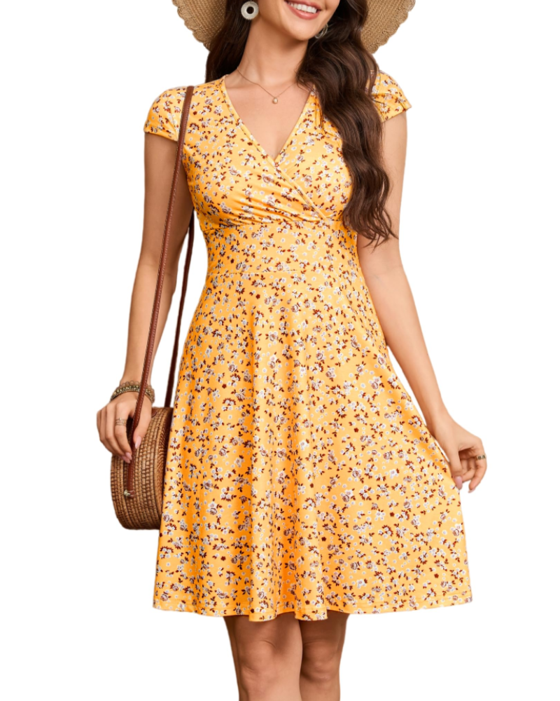 Lenora Abito Donna Elegante – Scollo a V, Maniche Corte e Gonna ad A