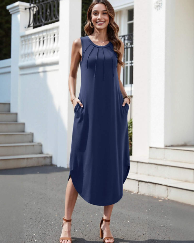 Rochie maxi lungă pentru femei – guler rotund, fără mâneci, șliț lateral și buzunare