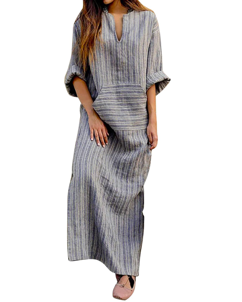 Constance Abito Maxi Donna in Lino – Maniche 3/4, Taglio ad A e Stile Vintage
