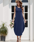 Rochie maxi lungă pentru femei – guler rotund, fără mâneci, șliț lateral și buzunare