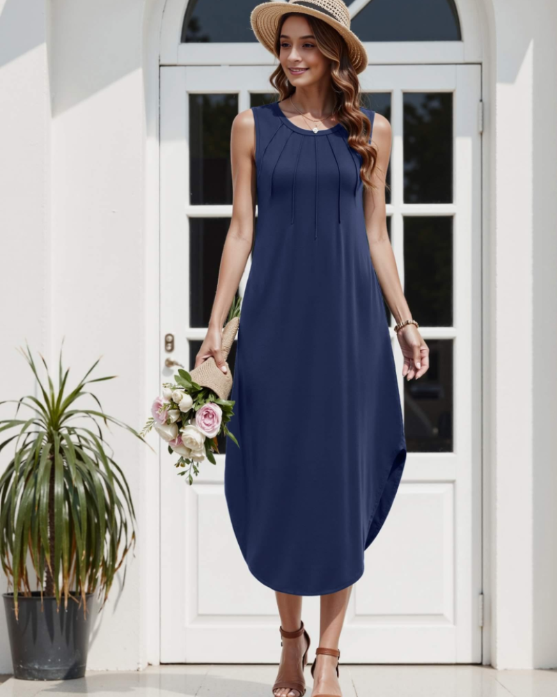 Rochie maxi lungă pentru femei – guler rotund, fără mâneci, șliț lateral și buzunare