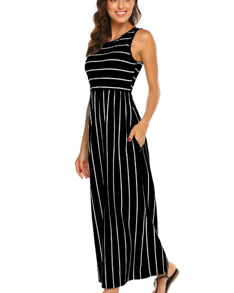 Robe longue pour femme Georgina, style bohème – sans manches, taille élastiquée et poches