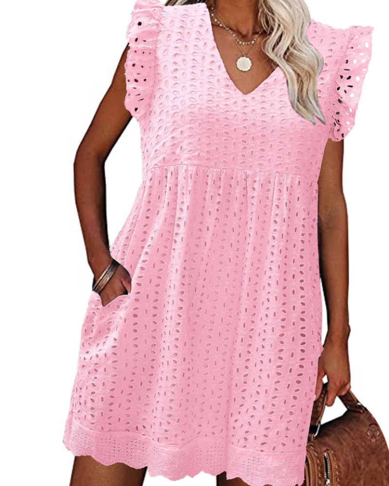 Miranda Abito Estivo Donna in Cotone – Scollo a V, Pizzo Jacquard, Volant e Tasche