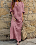 Dámské maxi šaty Constance z lnu – 3/4 rukávy, áčkový střih a vintage styl