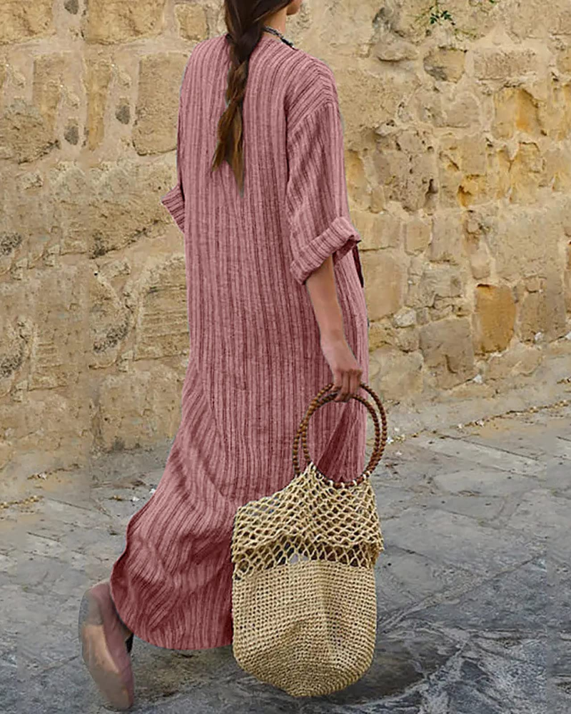 Dámské maxi šaty Constance z lnu – 3/4 rukávy, áčkový střih a vintage styl