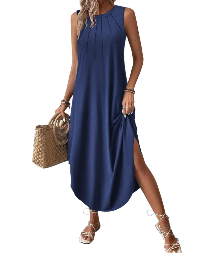 Rochie maxi lungă pentru femei – guler rotund, fără mâneci, șliț lateral și buzunare