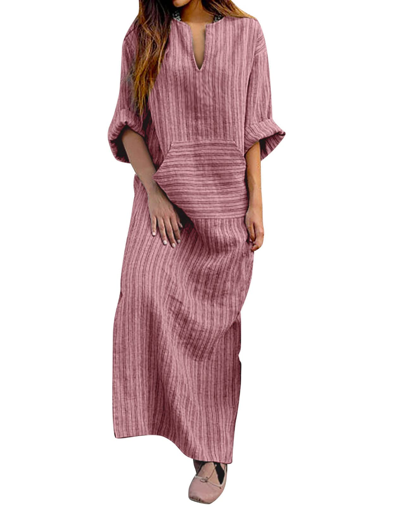 Dámské maxi šaty Constance z lnu – 3/4 rukávy, áčkový střih a vintage styl