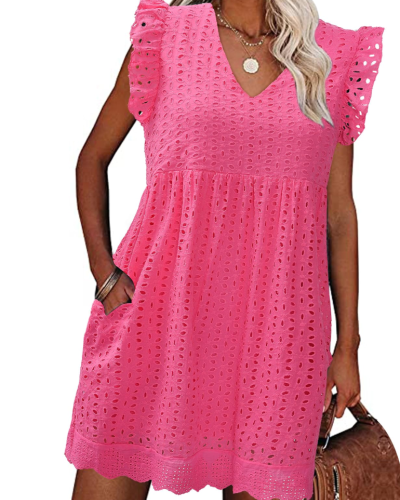 Miranda Abito Estivo Donna in Cotone – Scollo a V, Pizzo Jacquard, Volant e Tasche