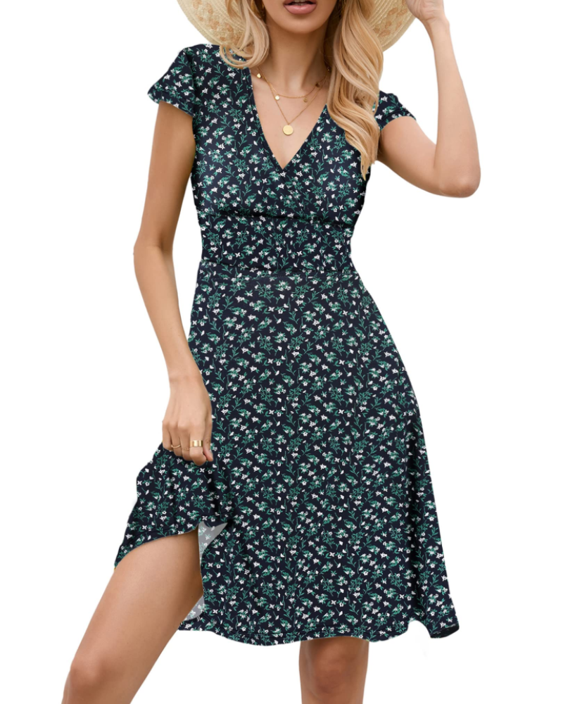 Lenora Abito Donna Elegante – Scollo a V, Maniche Corte e Gonna ad A