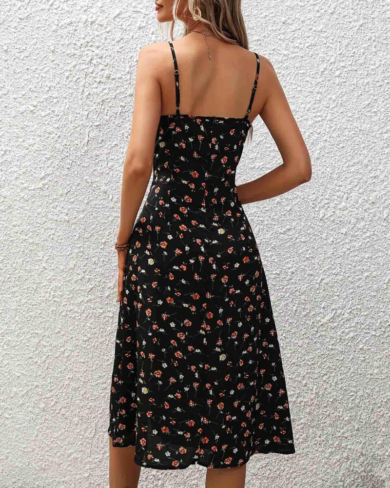 Abito estivo da donna Audrey a pois – spalline sottili, spacchi laterali e linea morbida