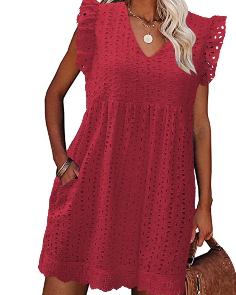 Miranda Abito Estivo Donna in Cotone – Scollo a V, Pizzo Jacquard, Volant e Tasche