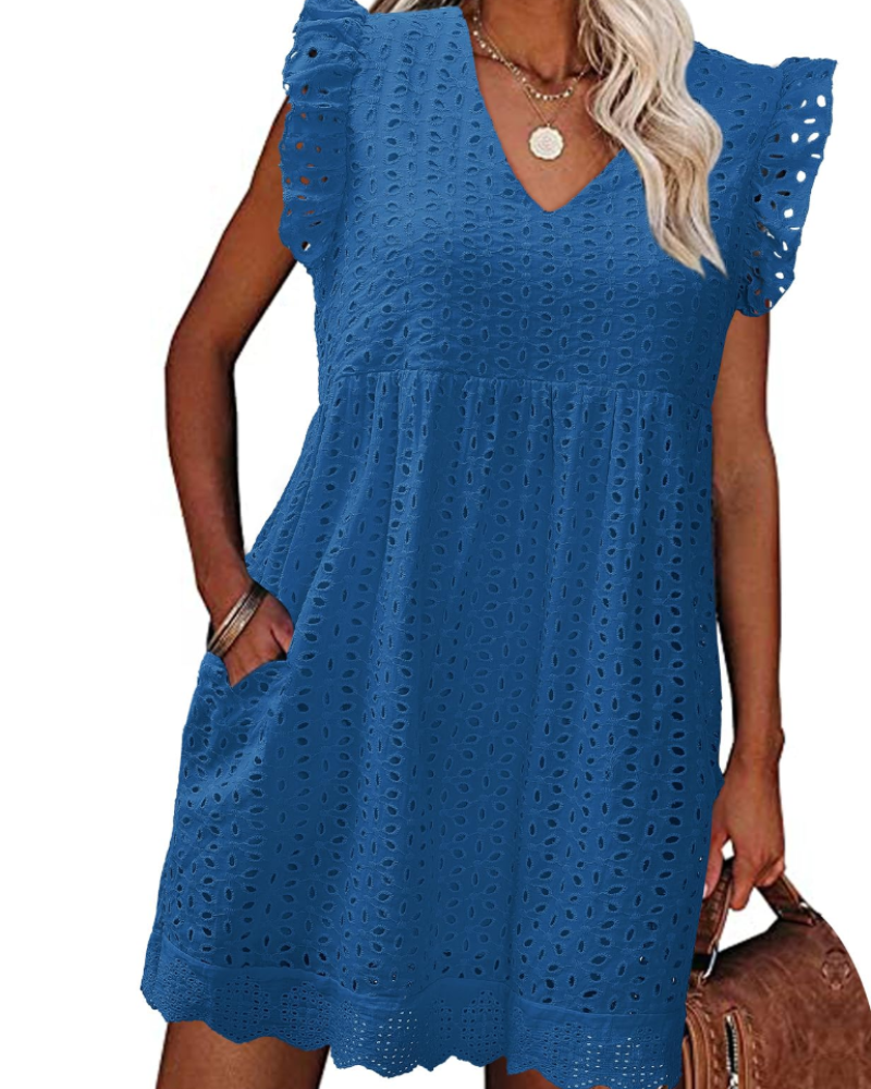 Miranda Abito Estivo Donna in Cotone – Scollo a V, Pizzo Jacquard, Volant e Tasche