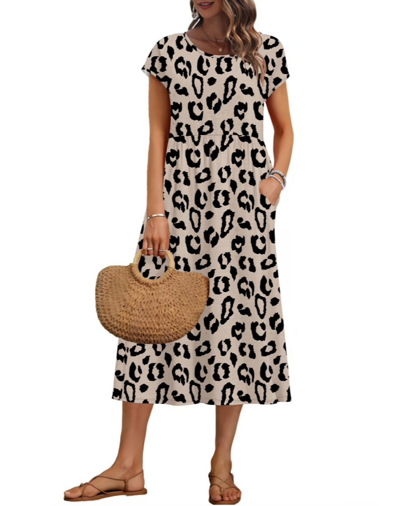 Whitney midikjole for kvinner – rund hals, korte ermer, A-linje og lommer