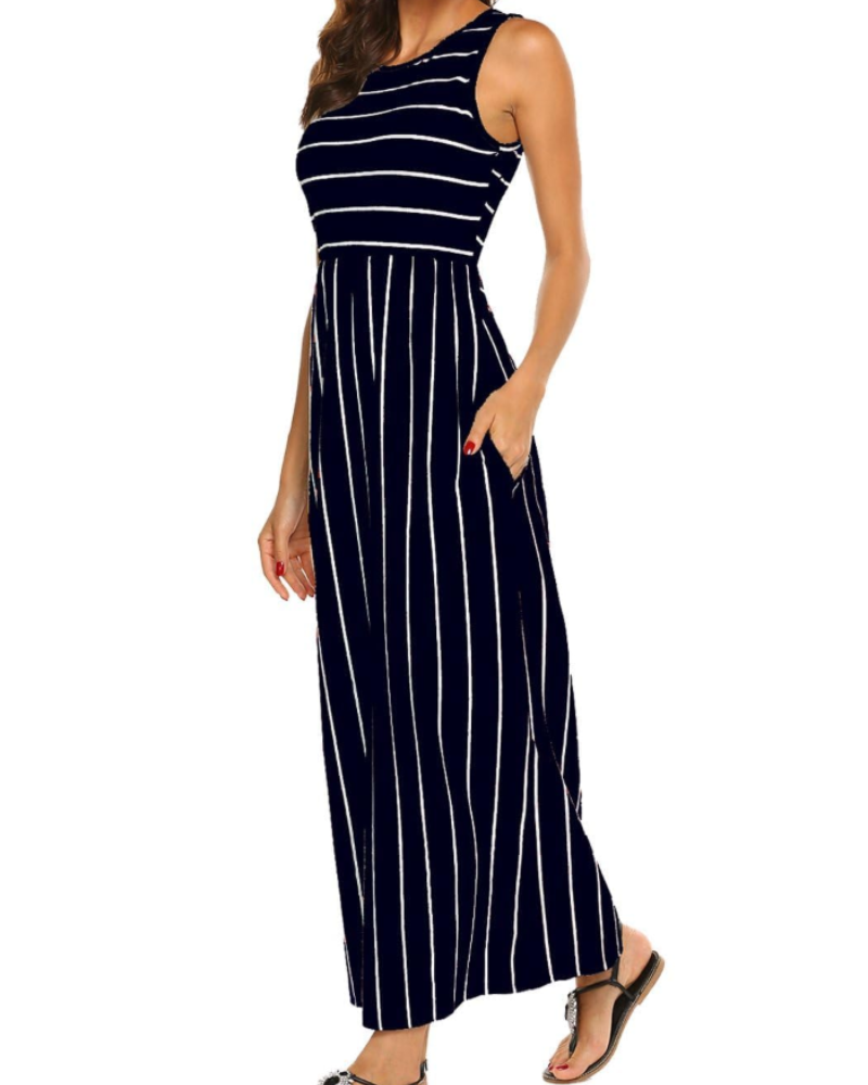 Robe longue pour femme Georgina, style bohème – sans manches, taille élastiquée et poches