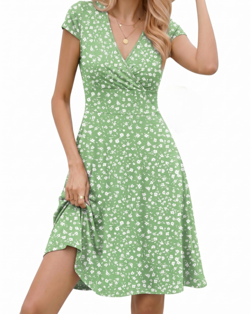 Lenora Abito Donna Elegante – Scollo a V, Maniche Corte e Gonna ad A