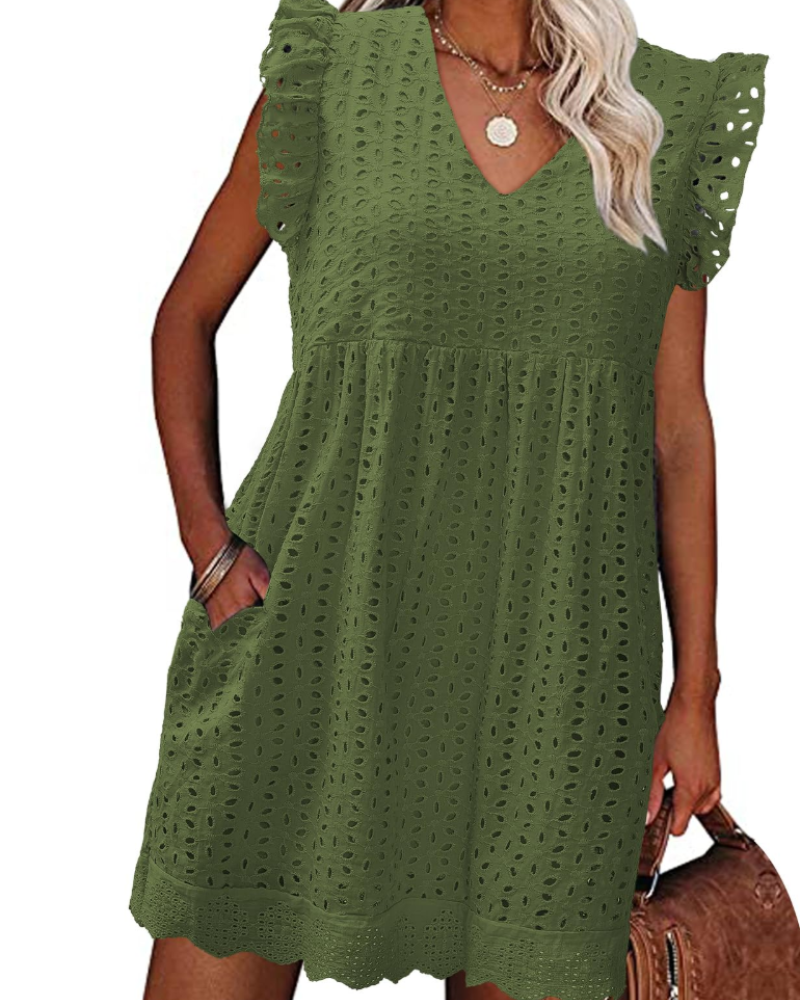 Miranda Abito Estivo Donna in Cotone – Scollo a V, Pizzo Jacquard, Volant e Tasche