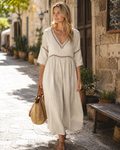 Georgia Robe Longue Femme – Coton, Col en V, Manches 3/4 et Style Bohème Chic