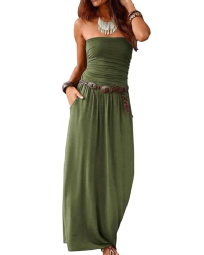 Eliana Robe longue pour femme – Modèle bandeau, épaules dénudées, poches et style bohème